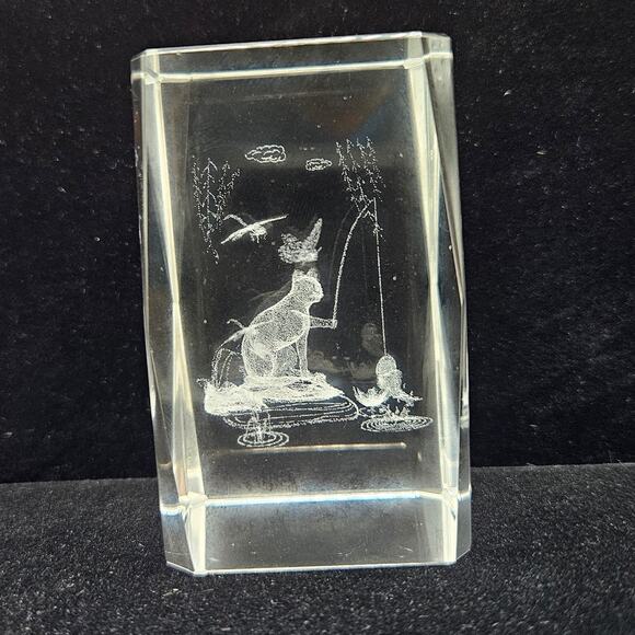 3D Laser Etched Crystal Glass Block – Cat Fishing Scene Paperweight Figurine - Picture 1 of 4